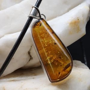 Amber Jewelry Sterling Silver 925 Natural AMBER Pendant Leather Necklace